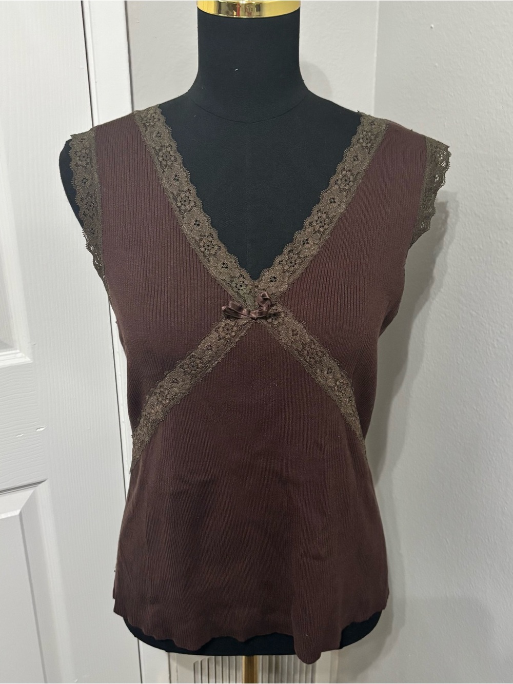 Y2K Brown Coquette Earthy Lace Sweater Tank Top Size XL